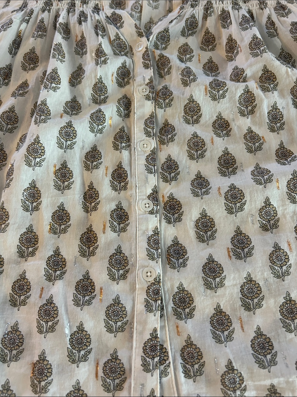 Lucky Brand Cream Floral Button-Up Shell with Olive and metallic accents. Sz L - Picture 4 of 9